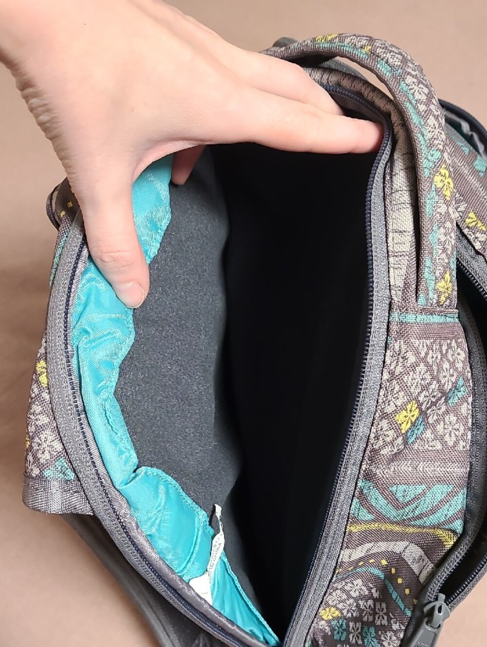 Gray Patterned Backpack with Aqua & Yellow Accents - Picture 3 of 11